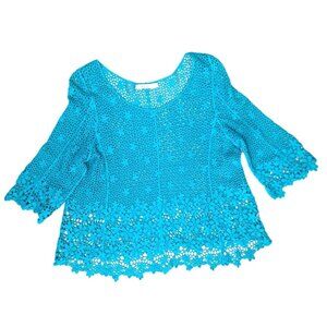 Le Dor 2XL Turquoise Lace Crochet Scoop Neck 3/4 Sleeve Top Boho Layering